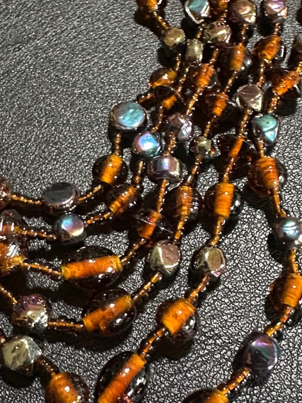 Multi-Strand Torsade Style Glass Brown, Amber & Iridescent Bead Necklace